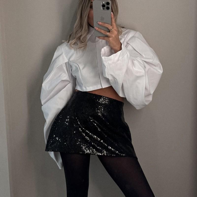 French Style Minimalist Crop Top Women Casual Long Sleeve Shirt Streetwear