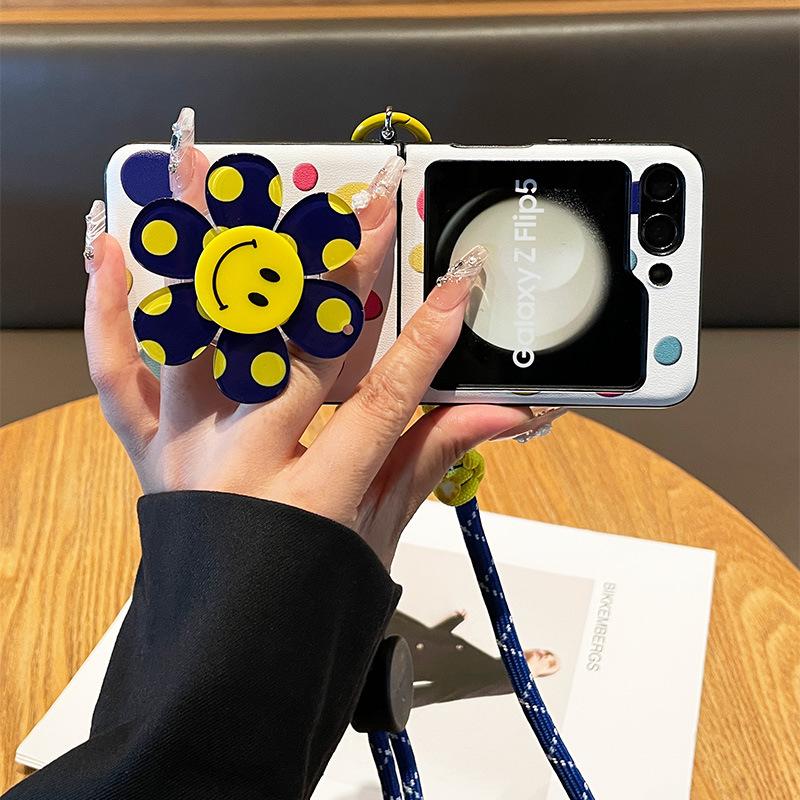 Smiley face flower bracket is suitable for Samsung zflip1 mobile phone case zflip1 small folding all-inclusive one-piece leather protective case