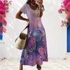 Women Plus Size V Neck Short Sleeve Butterfly Printed Black Long Straight Dress