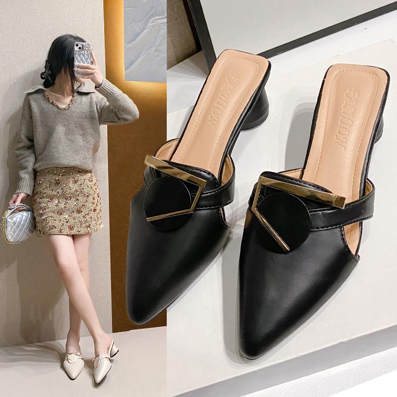 Высокий каблук с острым носком, женская весенняя новая модная верхняя одежда в стиле Baotou, тапочки на толстом каблуке, обувь Muller