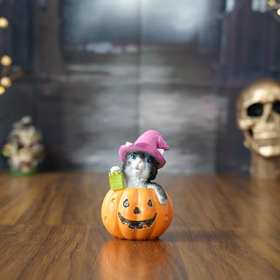 Halloween Cat On Pumpkin Figurine Cute Pumpkin Cat Statue Indoor Resin Sculpture for Shelf Tabletop Bedroom Entryway Decor