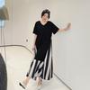 2024 Plus Size T-Shirt Dress Summer Women Cotton Dress Loose Beach Casual Female Chiffon V-Neck Fake Two-Piece Dress Black Dress