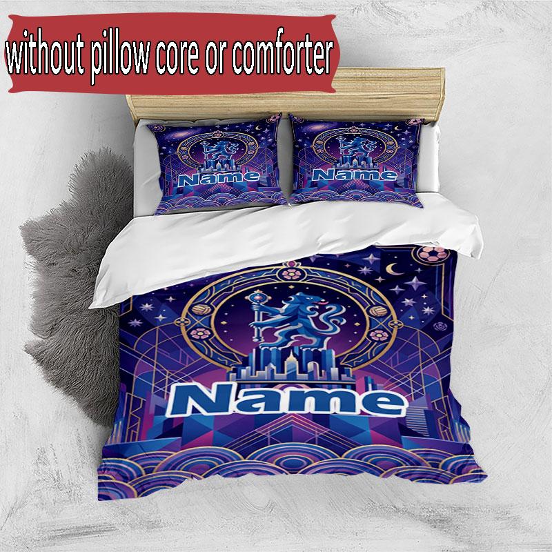 3pcs Duvet Cover Set (1*Duvet Cover + 2*Pillowcase, Without Core), Custom Name Chelsea Football Club Pattern Bedding Set, Home Bedroom Decor Gift