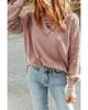 Pink Lace Waffle Patchwork Strappy V Neck Long Sleeve Top