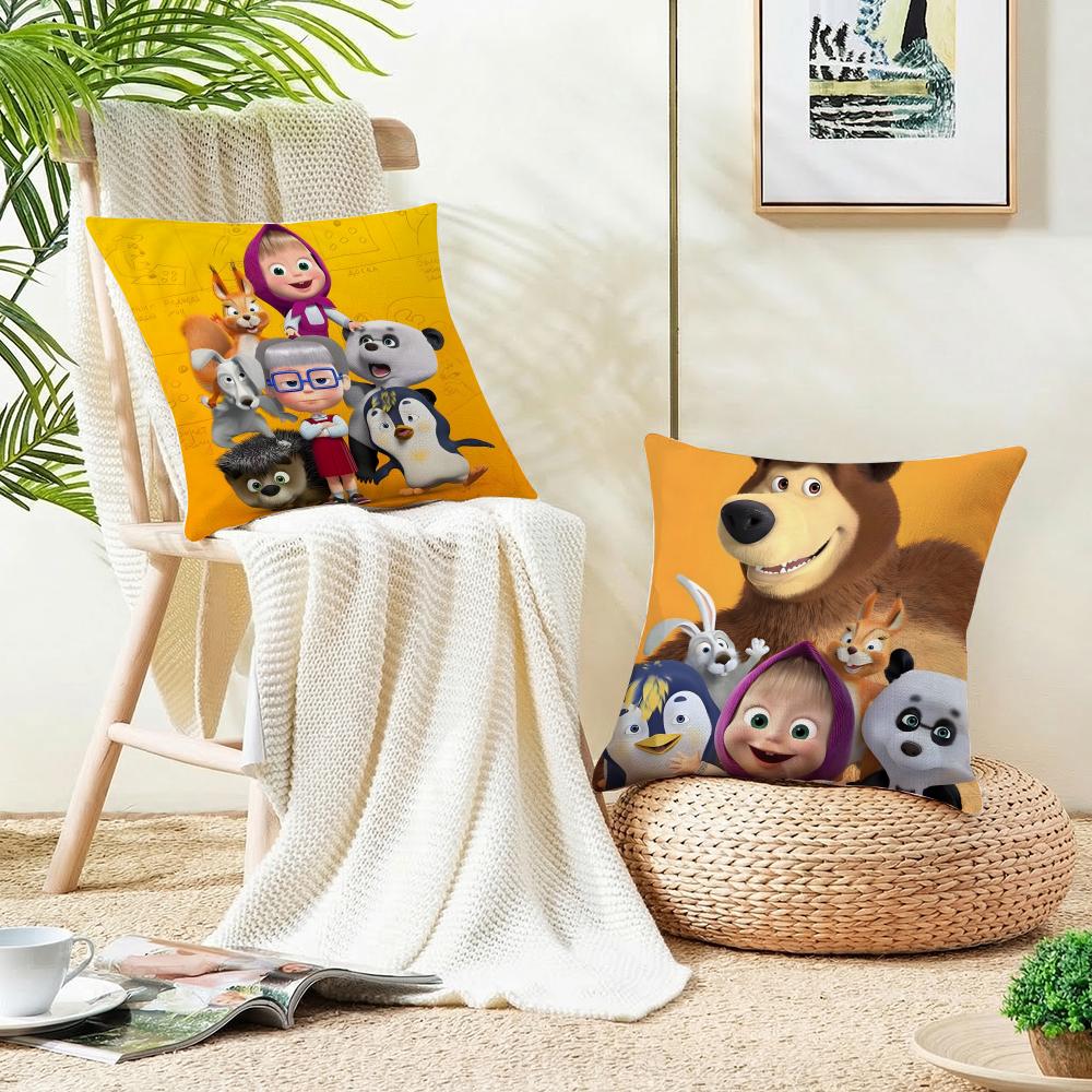 Playful MMasha and the BearS Cushion Cover Breathable and skinfriendly linen pillowcase square removable and washable cushion