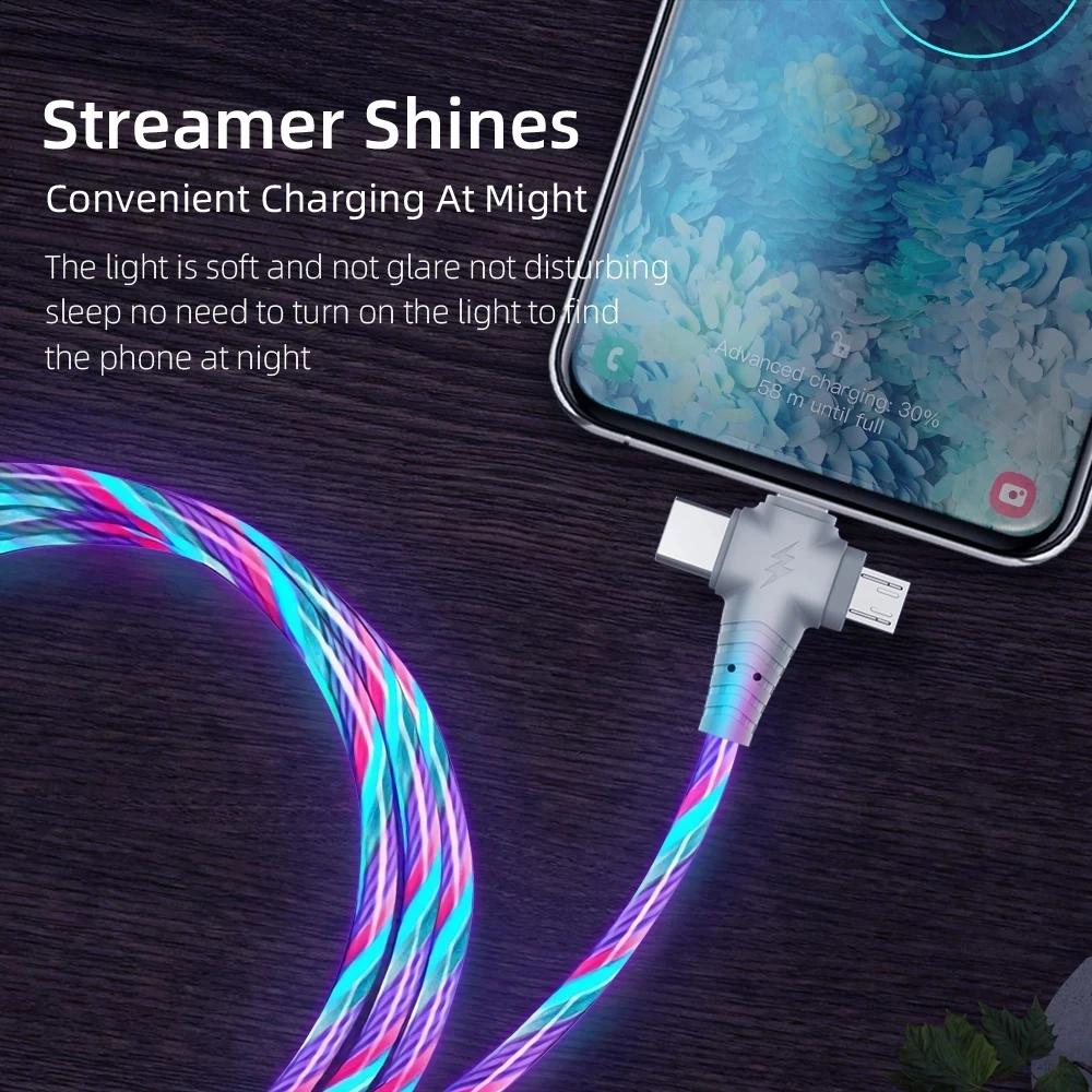 Светящийся USB-кабель 3-в-1, светодиодный кабель для зарядки смартфона, кабель USB-mini USB/C-type/8-pin для быстрой зарядки iPhone, Samsung, XIAOMI ONEPLUS