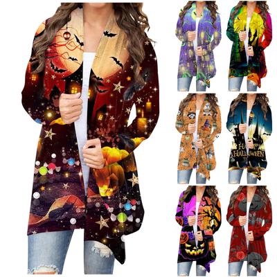 Женская мода, повседневный кардиган с цветочным принтом на Хэллоуин, куртка средней длины, пальто