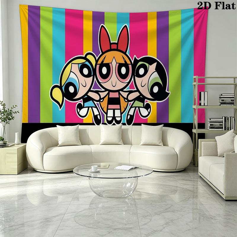 Cartoon Powerpuff Wall Tapestry Aesthetic Wall Hanging Printed Fabric Blanket Decorative Tapestries for Bedroom Living Room Home Decor