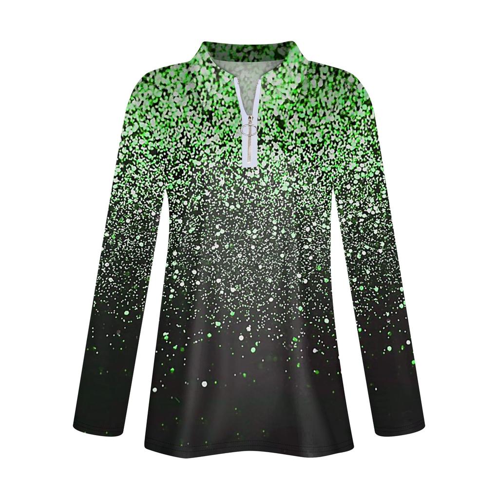 Women's Spring And Autumn Fashion Casual Printed Zipper V-Neck Long Sleeve Shirt Tops