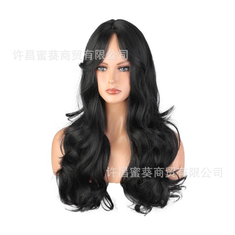 Womens Long Wavy Synthetic Wig With Butterfly Cut Heat-Resistant Fiber Middle Part Full Cap Hand-Tied Half Machine
