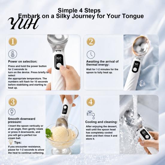 Convenient Kitchen Tool for Elderly Heated Ice Cream Scoop with LED Display, Rechargeable Self-Warming Spoon Electric Gadget Home Dessert Hard Gelato,