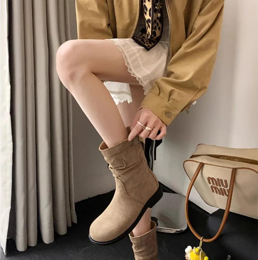 Low Heel Women Western Cowgirl Boots Fashion Slip On Belt Buckle Shoes Retro Style Autumn Winter Ladies Knight Short Booties