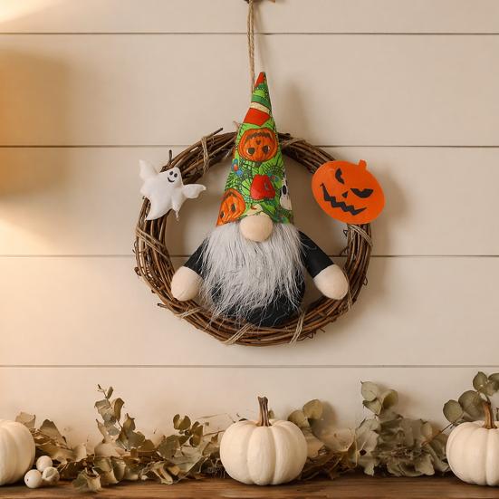 Festive Pumpkin Ornament Halloween Gnome Wreath, Faceless Rattan Rustic Hanging Decoration Wreath with Ghost for Front Door Wall Holiday Party Decor