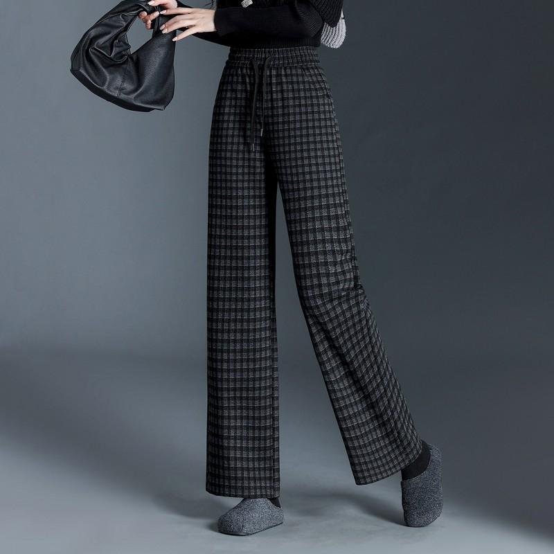 Womens High-Waisted Wide-Leg Wool Blend Plaid Trousers Fall Winter 2026 Loose Straight Cut Comfortable Casual Pants