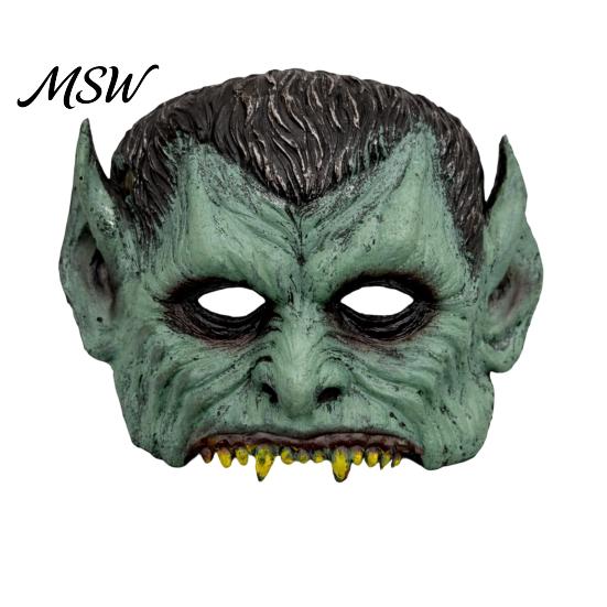 Retro Distressed Vampire Mask Green Halloween Mask, Half Face with Pointy Ears & Sharp Teeth, Creepy Costume Accessory Party Lightweight PU