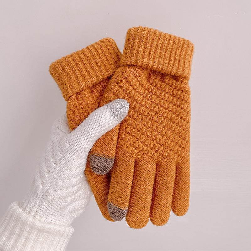 New Winter Style Pineapple Style Imitation Cashmere Full-finger Touch Screen Knitted Warm Jacquard Fashion Plus Velvet Thickened Wool Gloves