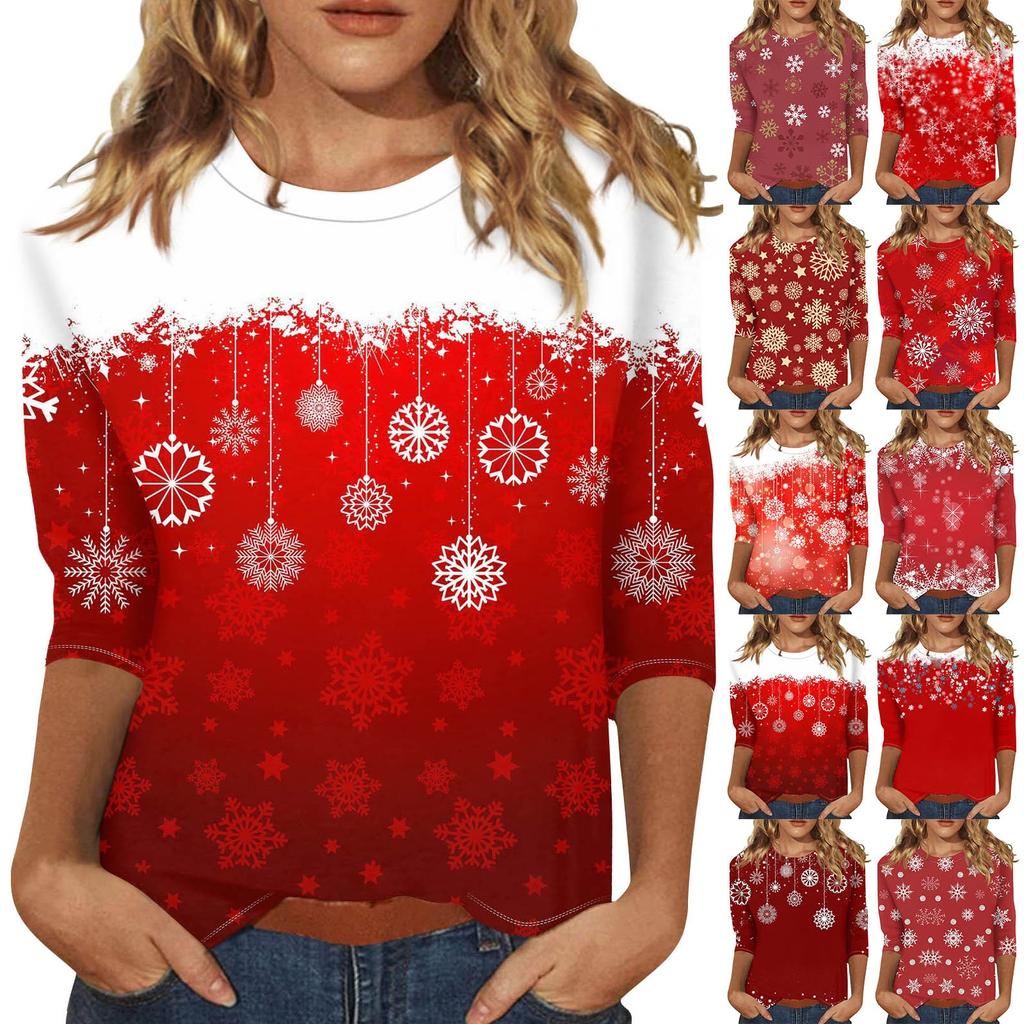 Women's Fashion Casual Seven Sleeve Christmas Printed Round Neck Top