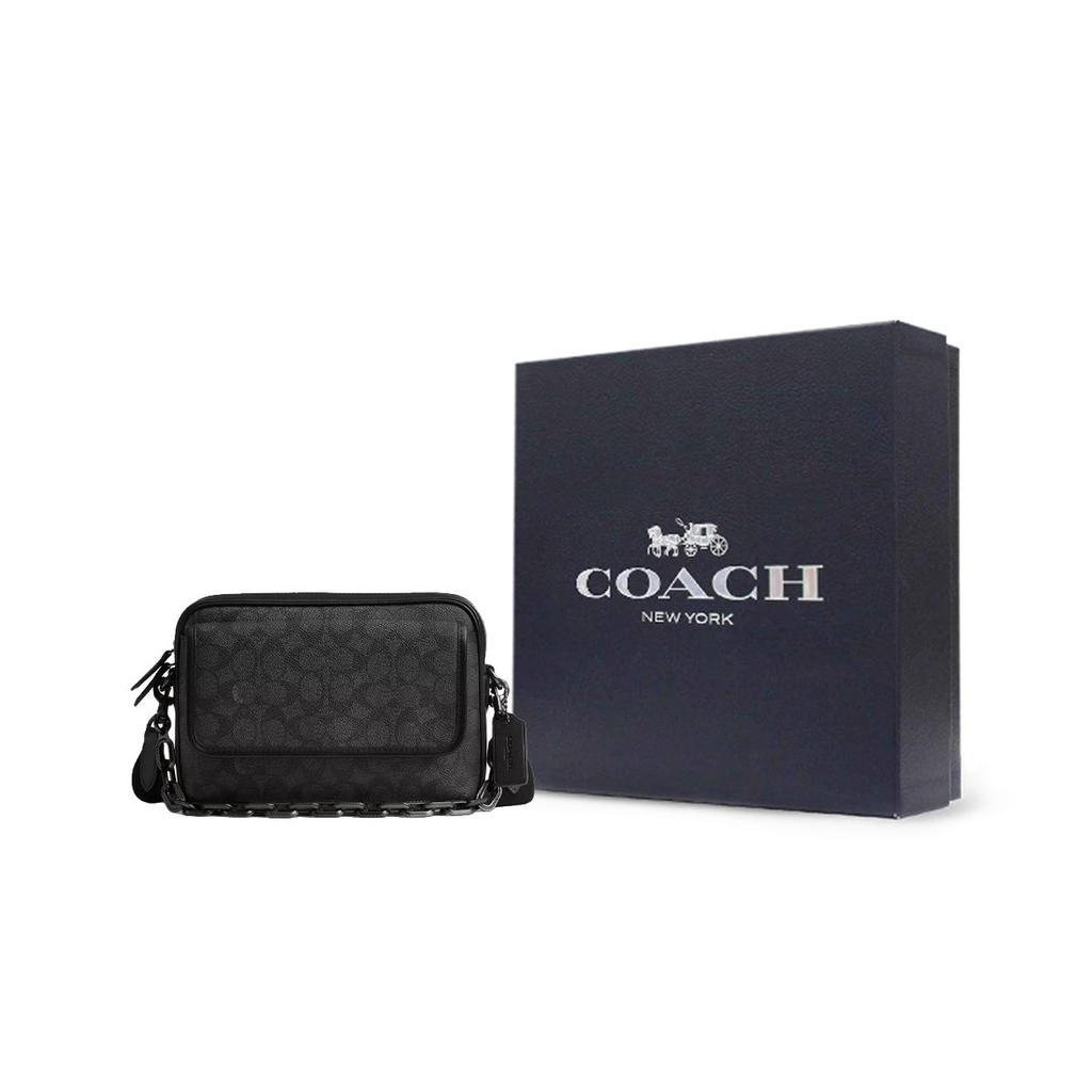 Coach Чартер 24 Внешний карман на магнитной кнопке Signature Покрытие из холста и телячья кожа Средняя сумка через плечо Мужские сумки Угольный CR712-CHR