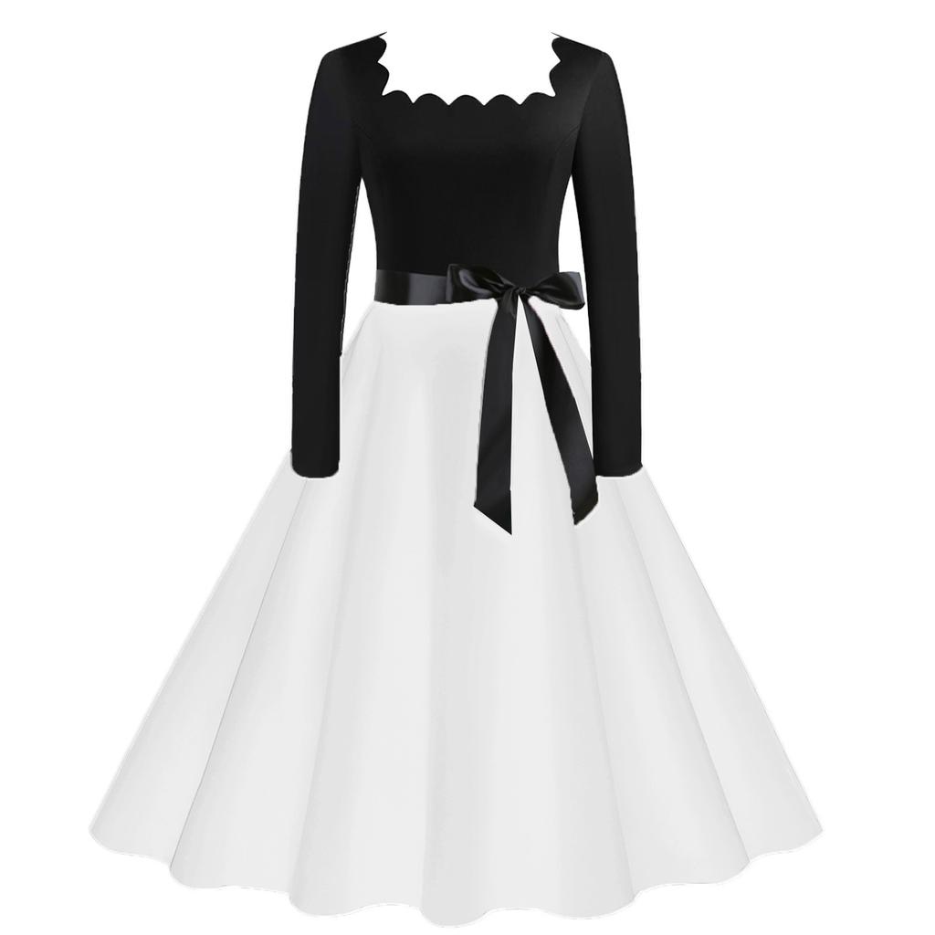 Однотонное платье-клеш для женщин Повседневное винтажное платье с длинным рукавом и квадратным воротником