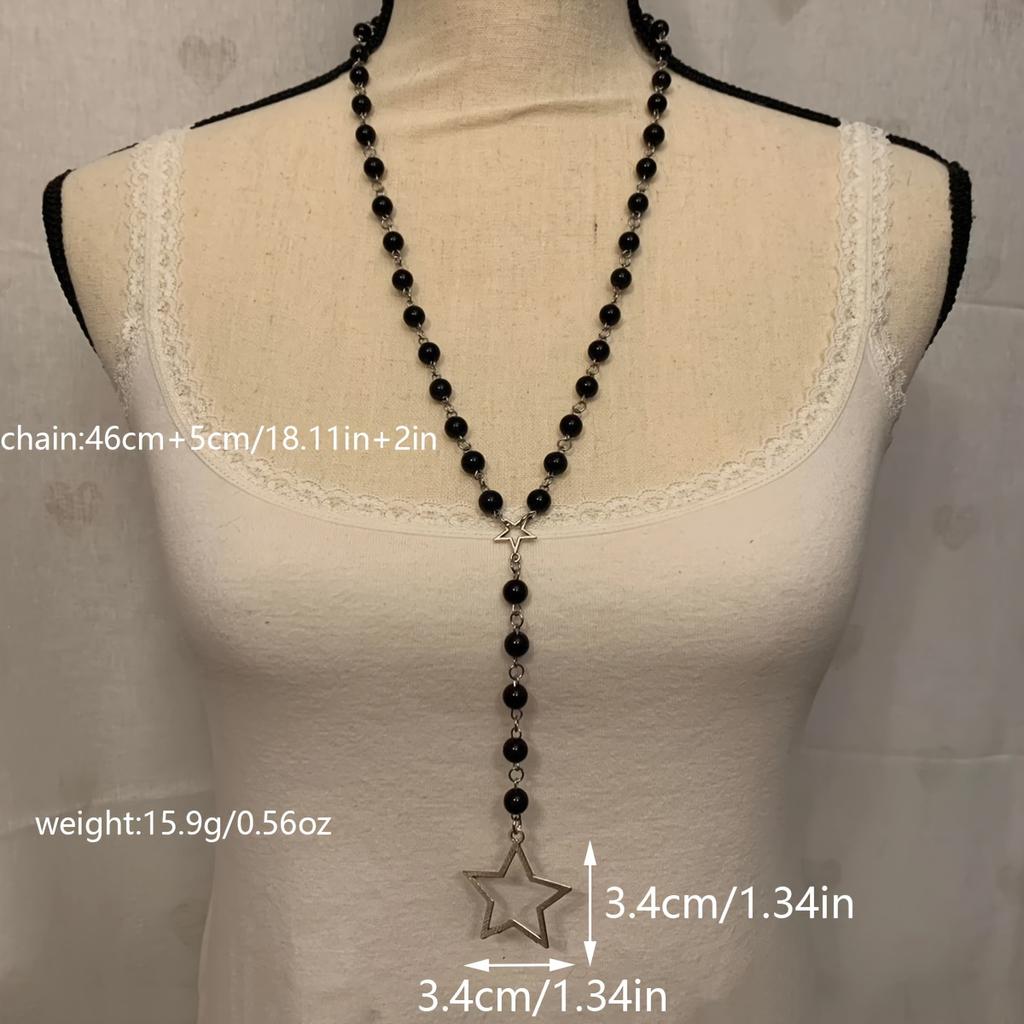 Delicate Black Bead Necklace Gothic Style Star Pendant Sweater Chain Dazzling Jewelry Versatile for Women Daily and Party Occasions