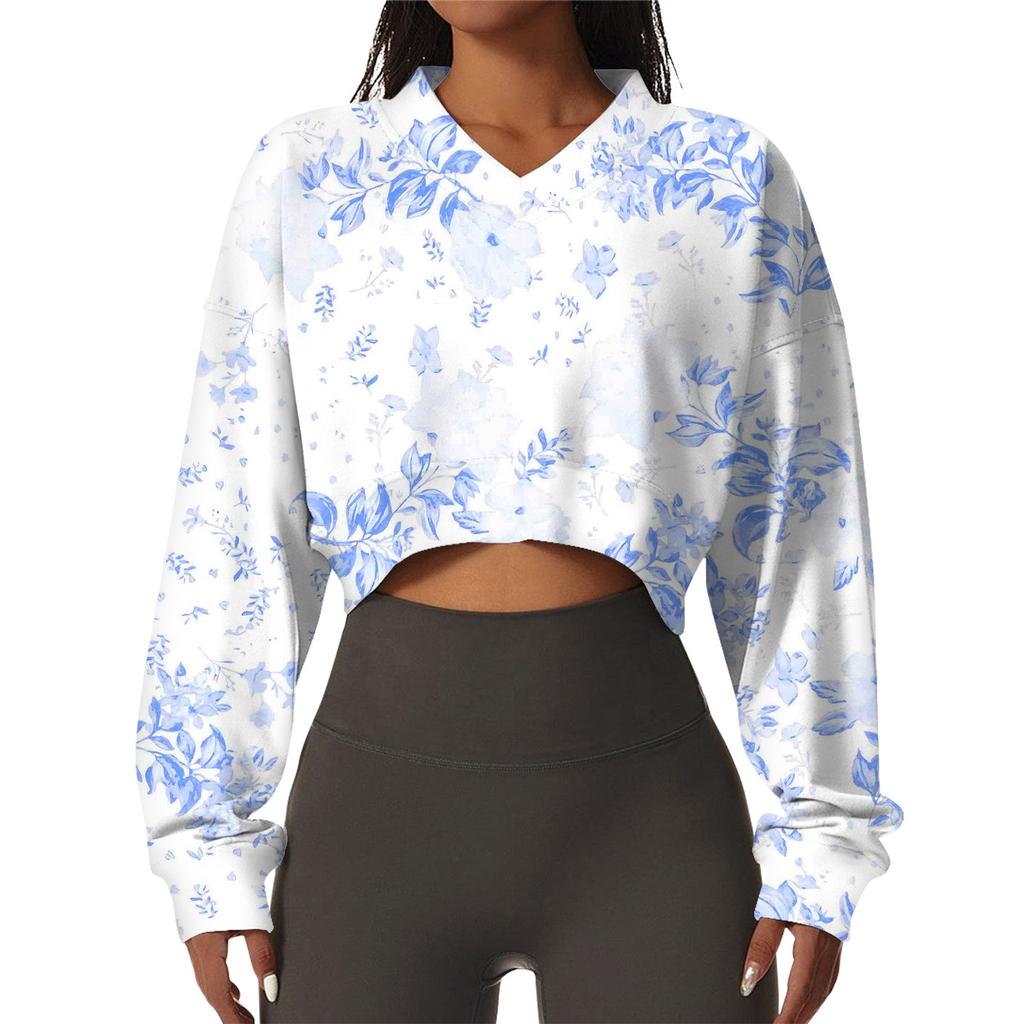 Женская повседневная модная сексуальная удобная спортивная толстовка с V-образным вырезом и длинным рукавом с цветочным принтом