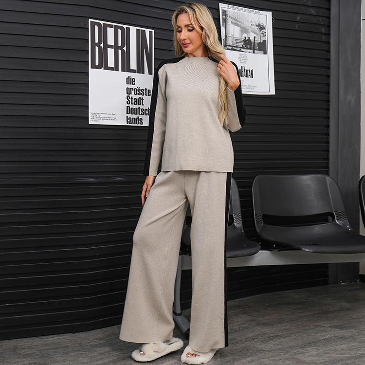 Осенне-зимний женский повседневный вязаный свитер, брюки, комплект из двух предметов, пуловер с длинным рукавом и брюки с широкими штанинами, спортивный костюм