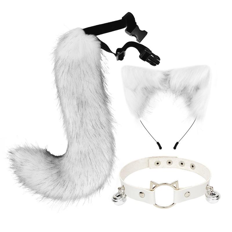 Anime Cosplay Fox Ear Headband Tail Set With Collar Accessory Costume Party