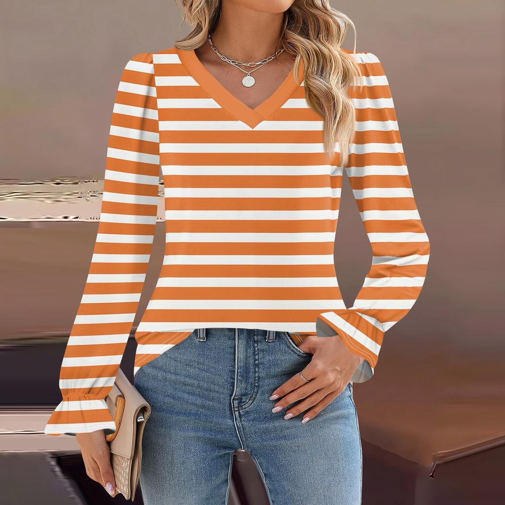Women's Daily Casual Long-sleeved Striped Printed V-neck Top