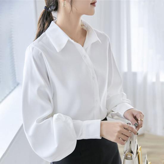 Women Shirt Lapel Lantern Long Sleeve Single Breasted Shirt Tops Solid Color Loose Fit Work Casual Daily Tops