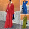 Women Evening Dress Deep V Neck Pleated Long Sleeves Solid Color High Waist Vacation Beach Party Maxi Dress