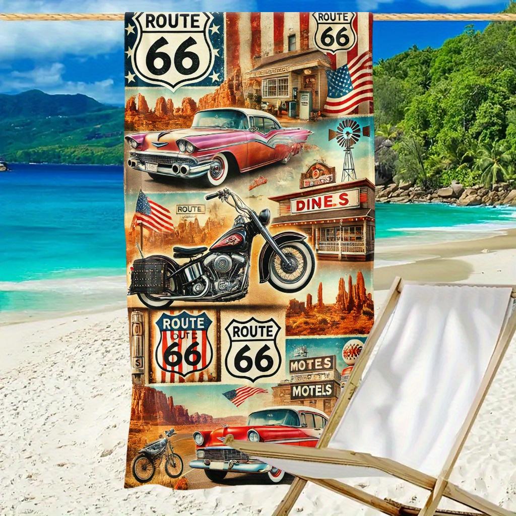 1 шт. Ретро пляжное полотенце Route 66, Ультрамягкое, Быстросохнущее, Большое полотенце для бассейна, Путешествий, Автопутешествий, Идеальный подарок для любителей автомобилей