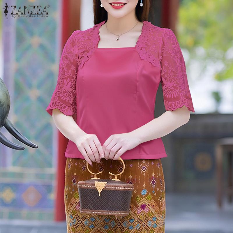 ZANZEA Женская повседневная атласная блузка с квадратным вырезом, кружевной вставкой и рукавами до локтя