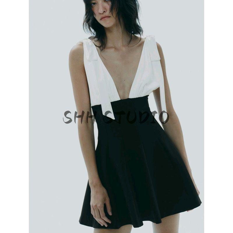 Summer New Women Clothes French Style Sexy Style V-neck Sleeveless Bowknot Decoration Patchwork Short Dress 8171777