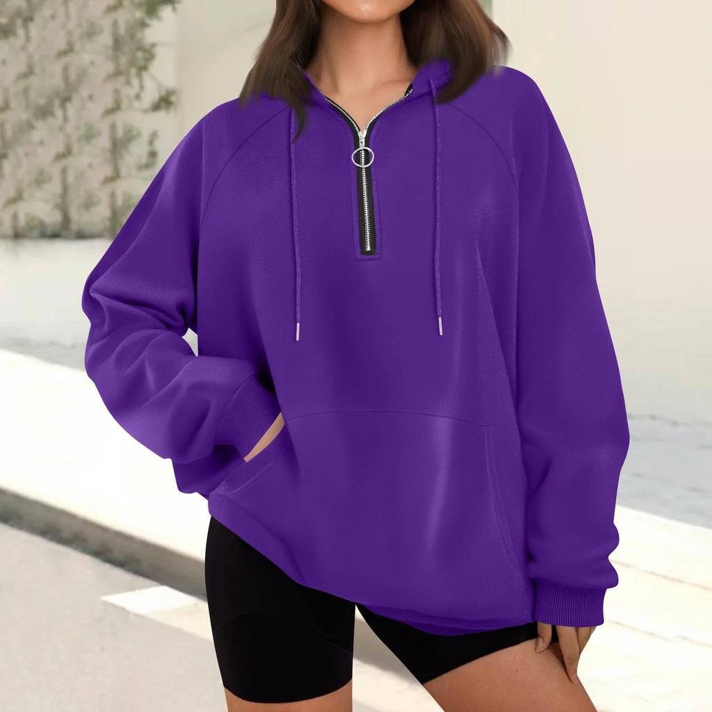 Women's Casual Fashion Long Sleeve Solid Color Zip Hooded Sweatshirt Top With Pocket