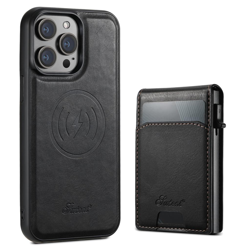 SUTENI H19 Магнитный чехол для iPhone 15 Pro Max, восковая текстура, слоты для карт, кожаная задняя крышка для телефона