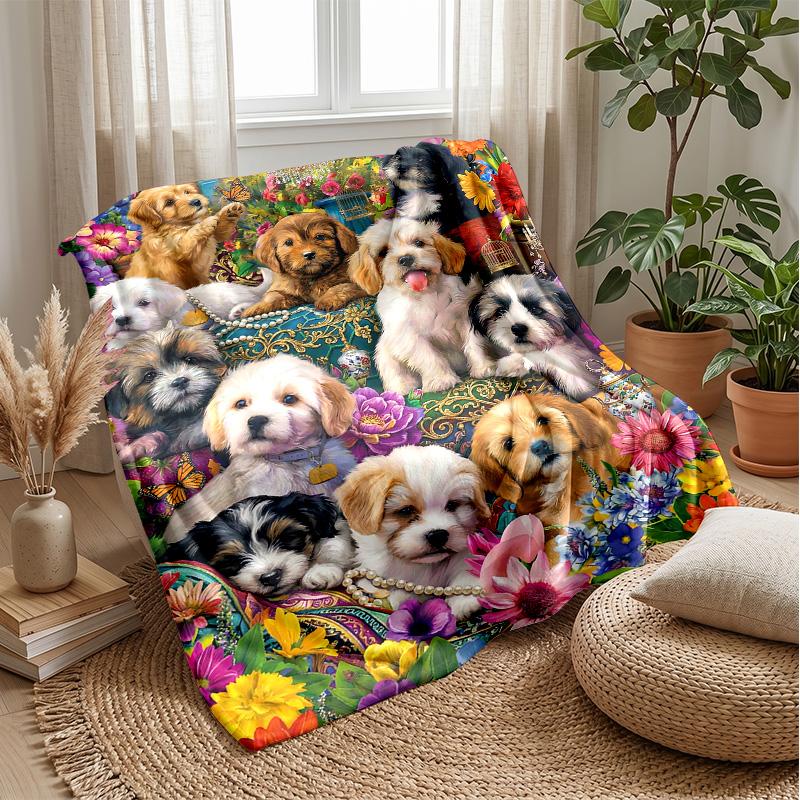 Floral Canine Portrait Theme blanket Lightweight Warm Flannel Blanket Decorative Throw Blanket for Home Decoration