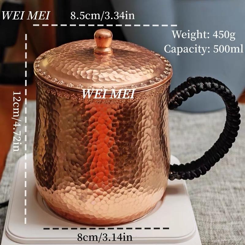 Винтажная Медная Кружка для Кофе, Утолщенная, с Крышкой, 500 мл, Стакан для Холодных Напитков, Ручная Работа, Текстура Молотка, Плетеная, Кружка для Чая, Посуда