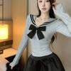 Sailor Collar Short T-shirts Women Bow Striped Long Sleeve Irregular Slim Tops Spring Autumn Japanese Style Sweet Cute Fashion