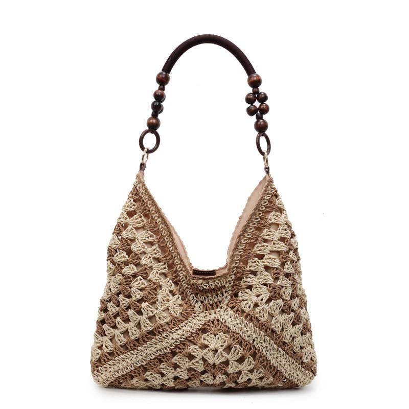 Woven Tote Bag For Women Summer Beach Fashion Large Capacity With Color Blocked Bead Decoration