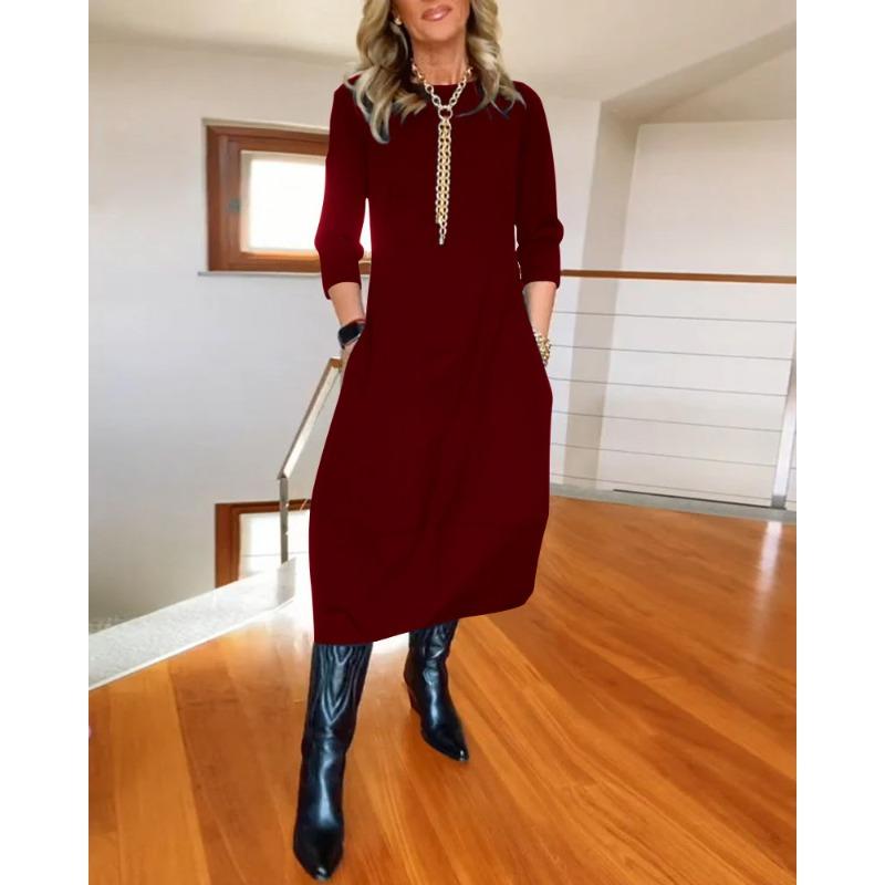 DICIFY Women's Fashion Autumn Winter Solid Color Print Long Sleeve O-NeckCasual Dresses
