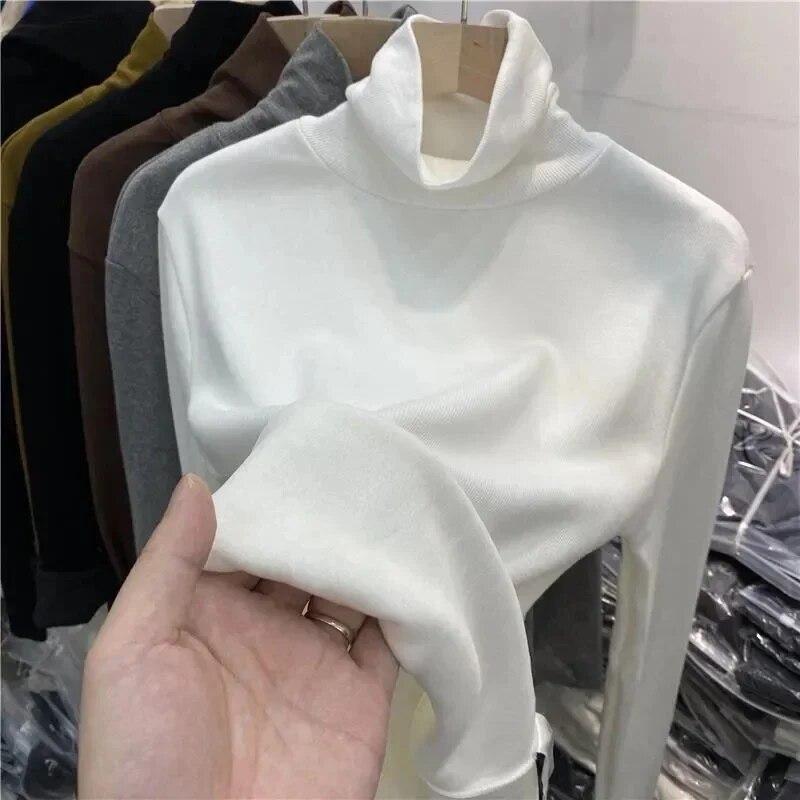 Теплый трикотаж, плюшевая утолщенная водолазка, базовая рубашка, женский пуловер, тонкий топ с длинными рукавами, простой повседневный новый модный осенне-зимний вариант