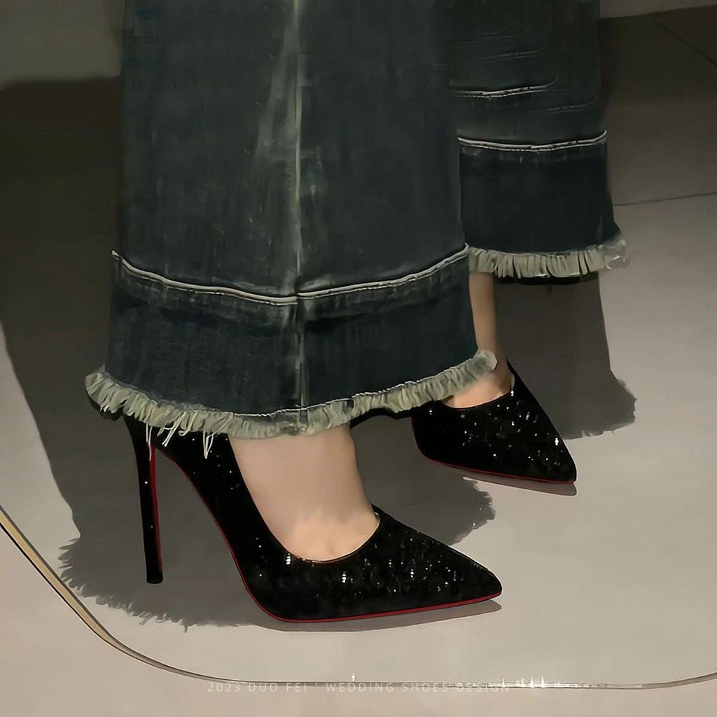 Новые черные туфли на высоком каблуке с красной подошвой 2024 года, новые туфли в стиле королевской сестры на тонком каблуке, которые не устают стоять долгое время,