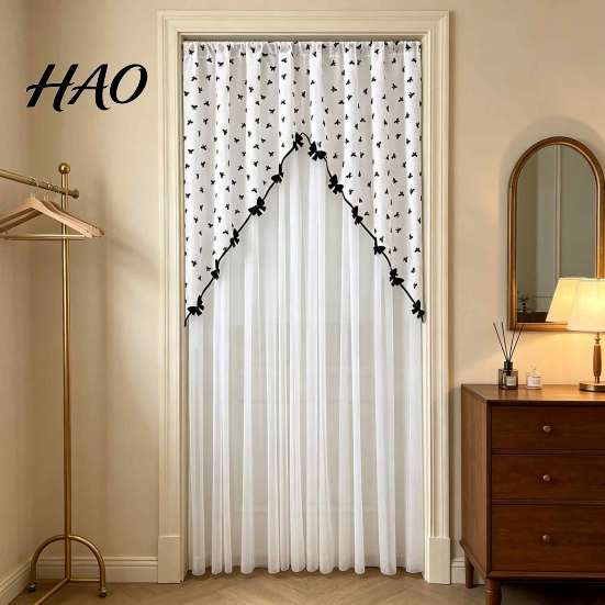 Nail Free Installation Door Curtains Sheer Floral Curtain with Beads, Lace Embroidered Gauze Room Dreamy Hazy Light Divider, Rod Pocket Doorway