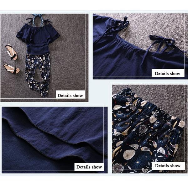 2023 модная летняя детская одежда из 2 предметов для подростков, футболка с открытыми плечами + брюки с цветочным принтом для детей 3-10 лет, рост 110-160 см