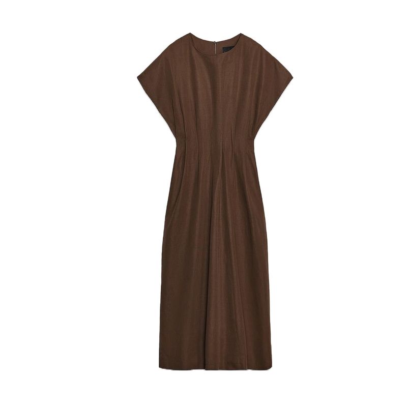 Summer New Women Clothes Basic Round Neck Casual Straight Pleated Short Sleeve Midi Dress 4333041