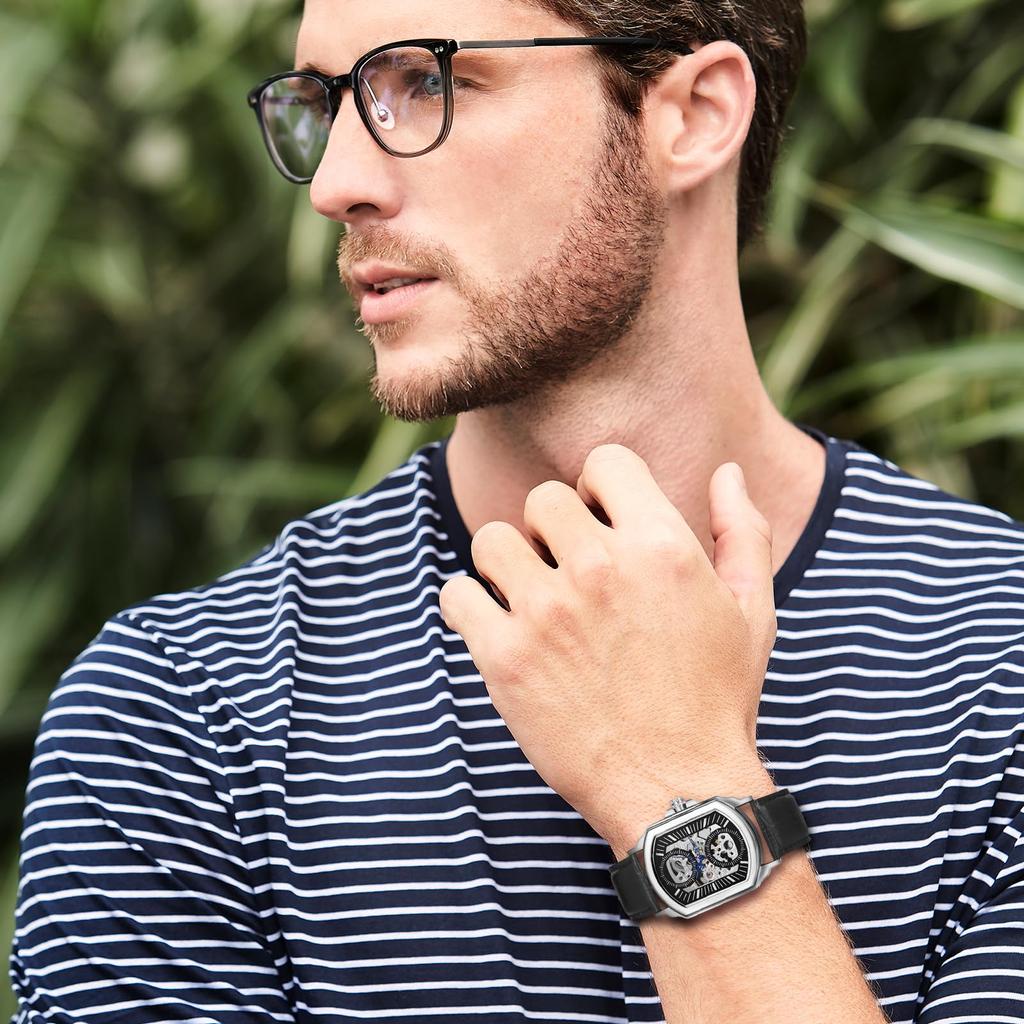 Автоматические часы с кожаным ремешком, аналоговые, стильные, квадратные, кварцевые, черные, аксессуары, подарок на день рождения, Рождество, мужские, водонепроницаемые, мужские -