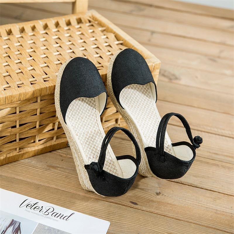 2025 новые корейские женские сандалии сандалии на танкетке удобные импортные сандалии с острым носком и пряжкой из пеньки женские сандалии