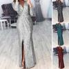 Women Evening Dress Deep V Neck Sequin Decor Long Sleeves Elastic Waist Pleated Split Hem Solid Color Formal Occasions Wedding Party Prom Maxi Dress