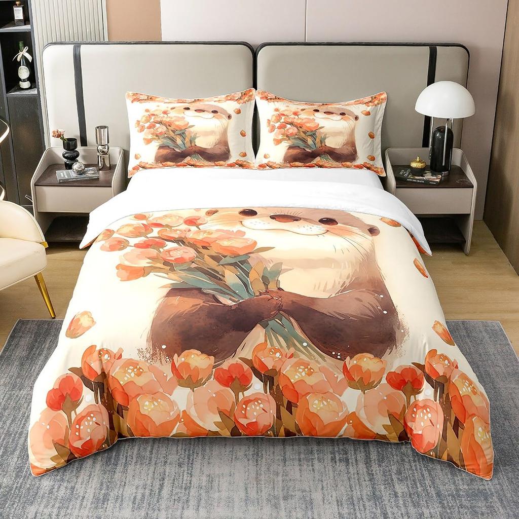 Sea Otter Duvet Cover Set Ocean Creature Otter Toddler Soft Polyester Bedding Set Cute Cartoon Animal Print Comforter Cover Sets