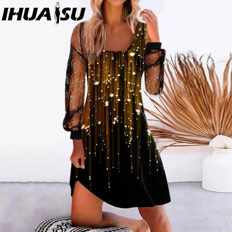 IHUASU Женская мода весна осень однотонный принт длинный рукав U-образный вырез высокая талия повседневные платья